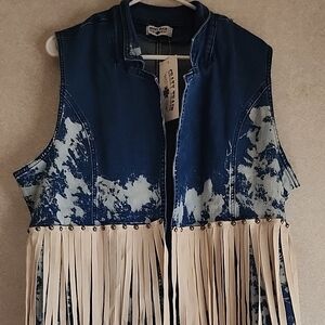 Crazy Train Distressed Denim Vest with Cream Accents